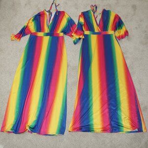 Womens It's Colorful Rainbow Stripe Long Maxi Dress Stretch Dolman Sleeve sz S L